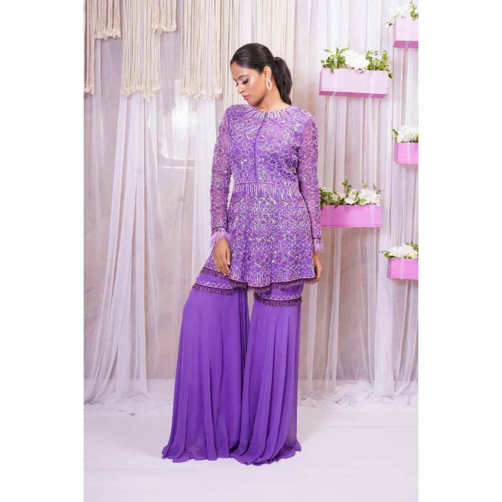 Farha Syed Violet Hand Embellished Peplum Top with Sharara (Set of 2)