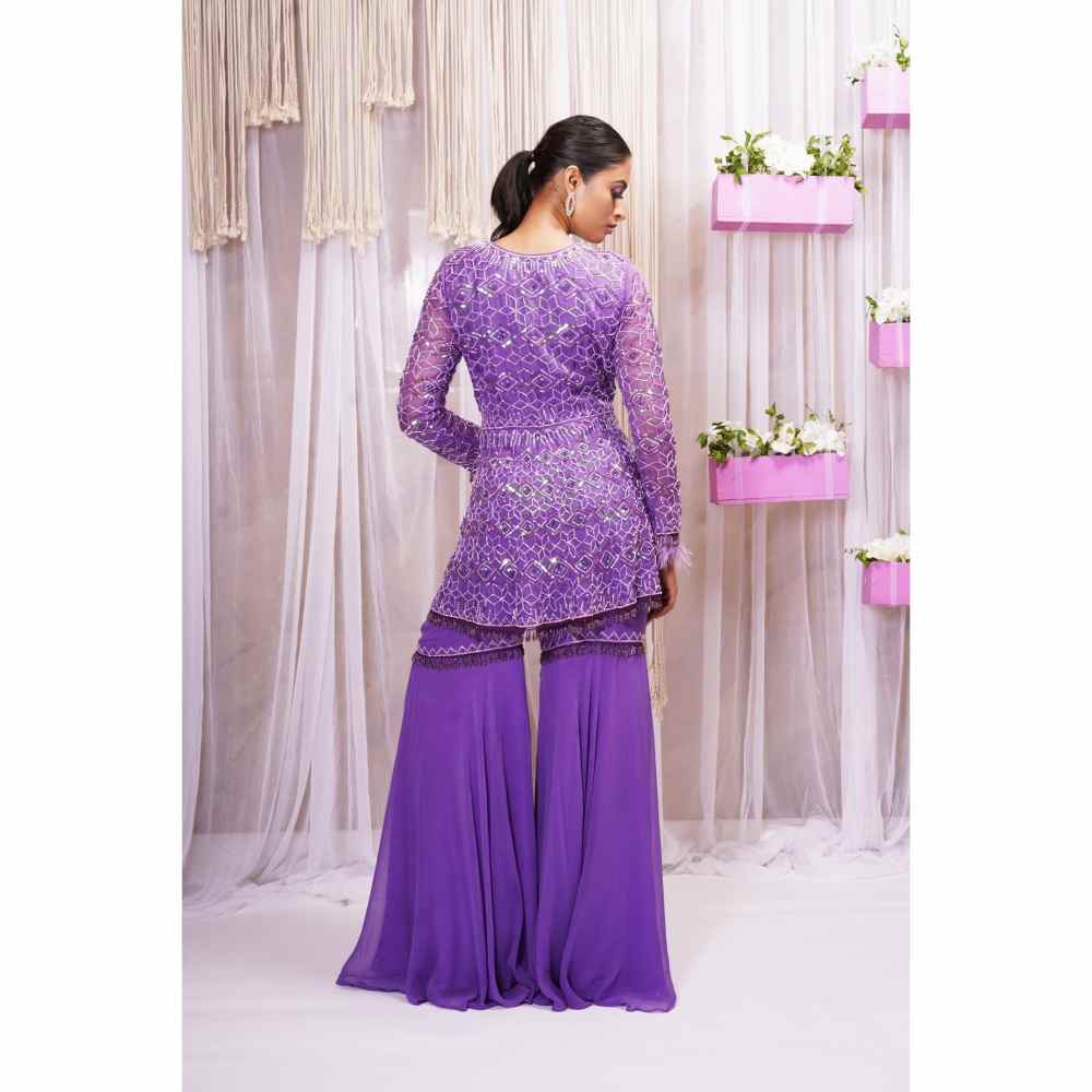 Farha Syed Violet Hand Embellished Peplum Top with Sharara (Set of 2)