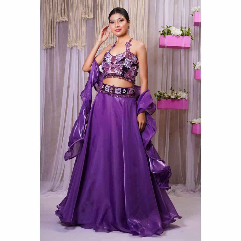 Farha Syed Violet Hand Embroidered Lehenga (Set of 4)