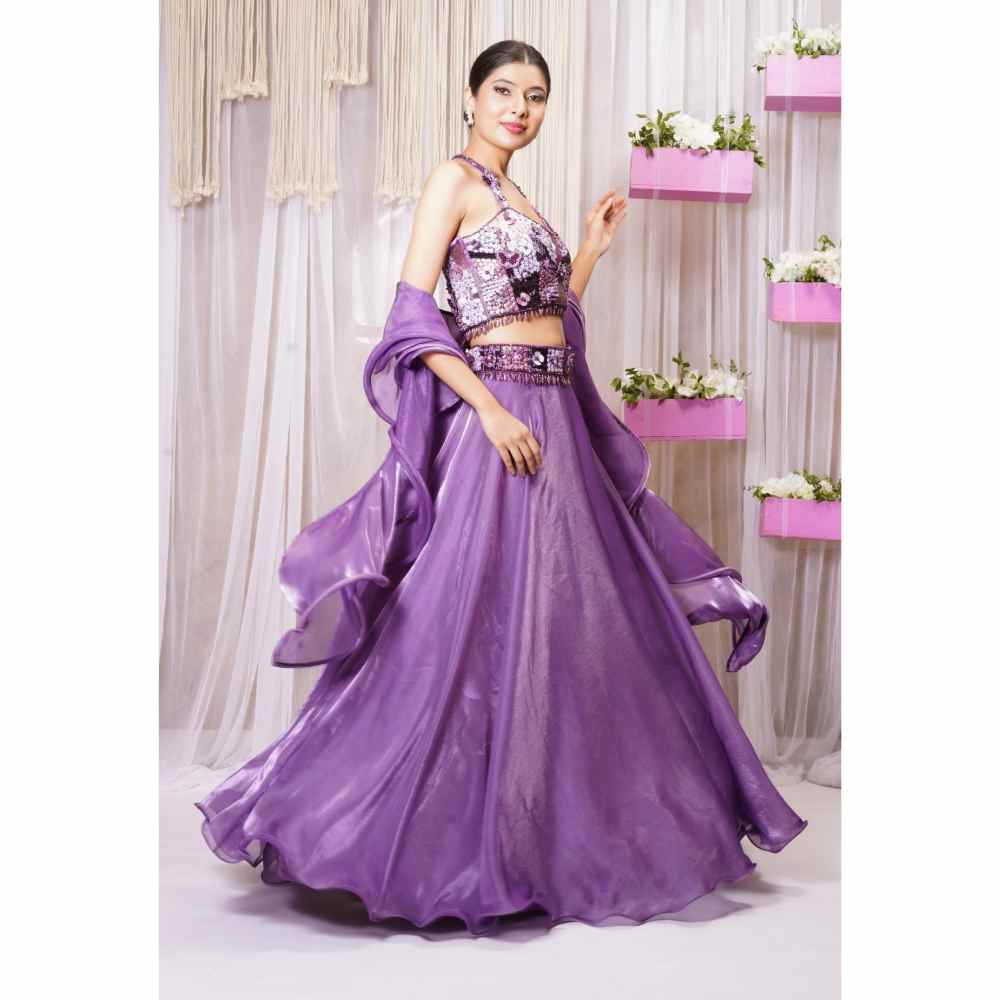 Farha Syed Violet Hand Embroidered Lehenga (Set of 4)