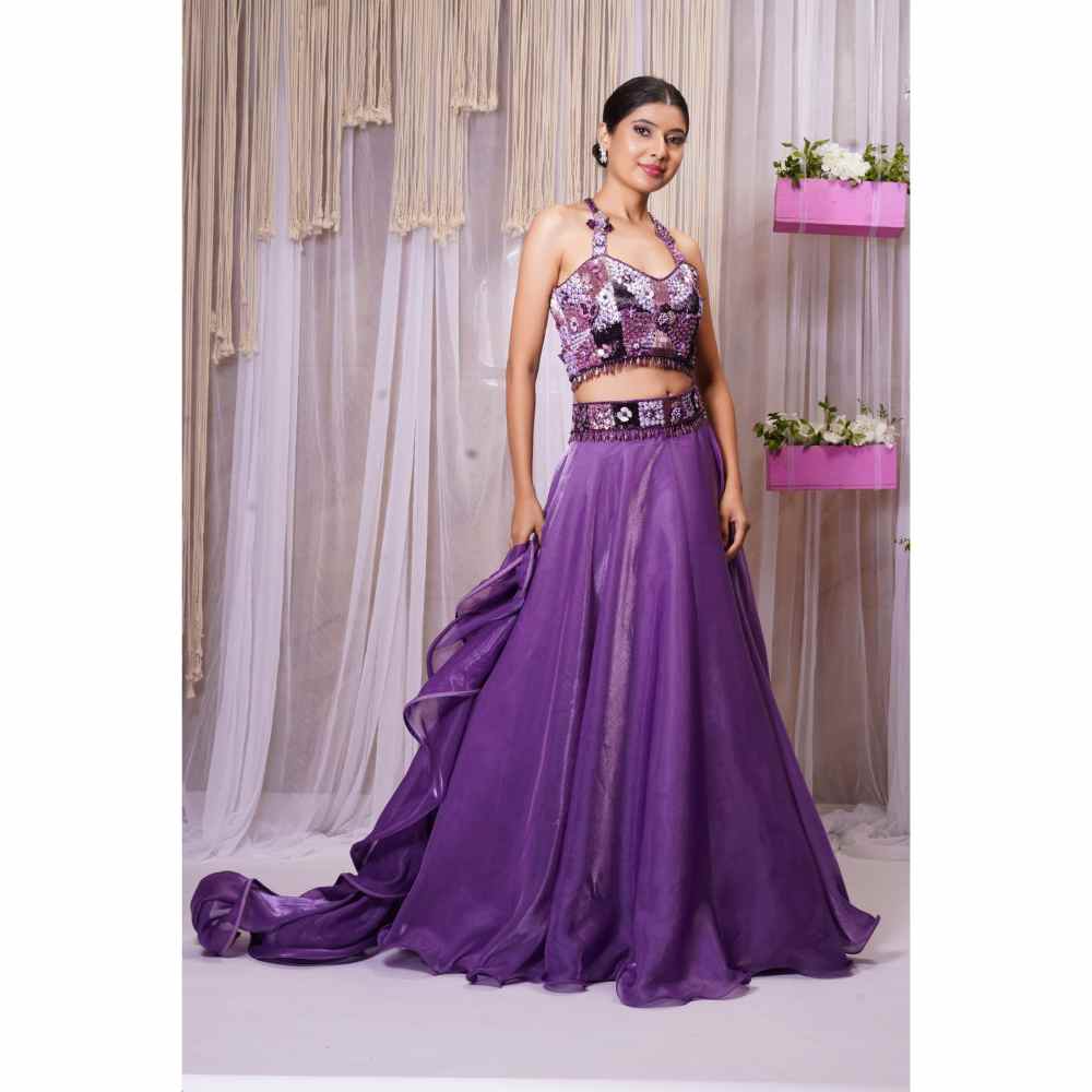 Farha Syed Violet Hand Embroidered Lehenga (Set of 4)