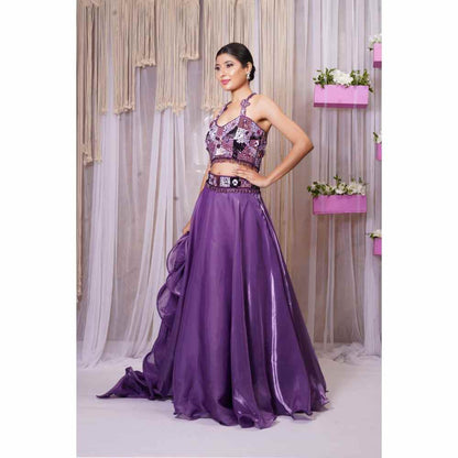 Farha Syed Violet Hand Embroidered Lehenga (Set of 4)