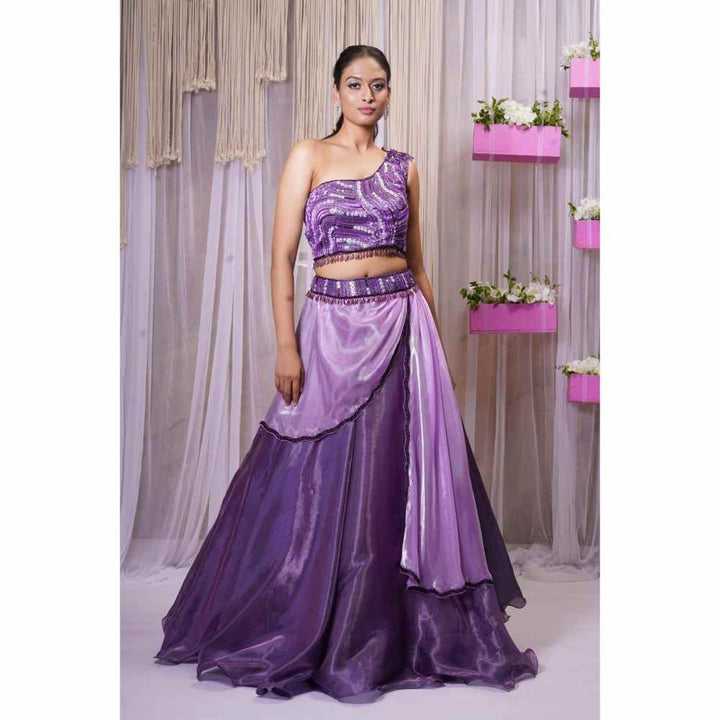 Farha Syed Purple Hand Embellished Top with Lehenga Skirt (Set of 2)