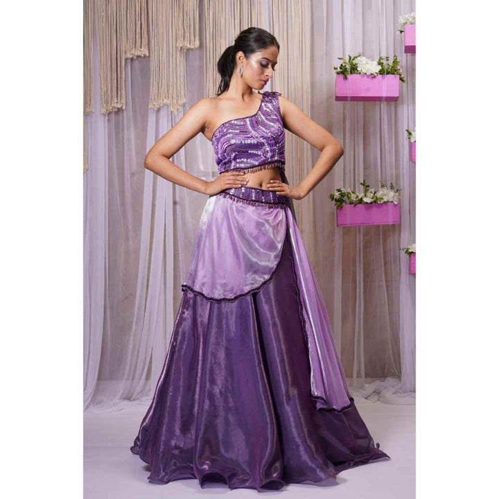 Farha Syed Purple Hand Embellished Top with Lehenga Skirt (Set of 2)