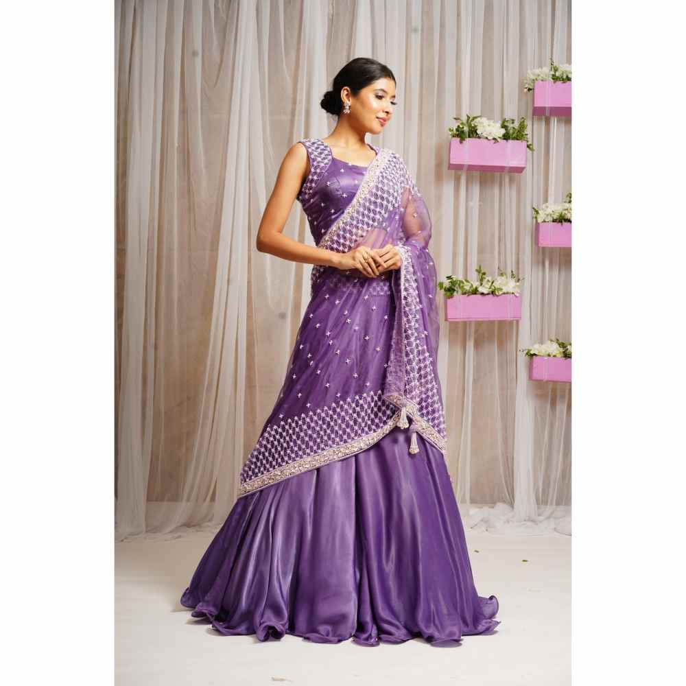 Farha Syed French Violet Hand Embellished Lehenga (Set of 3)