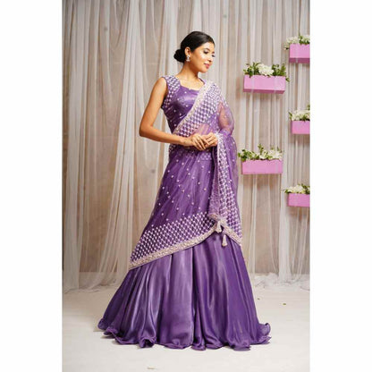 Farha Syed French Violet Hand Embellished Lehenga (Set of 3)