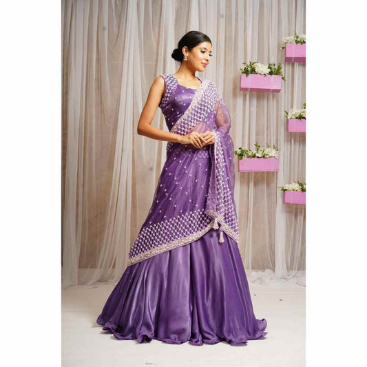 Farha Syed French Violet Hand Embellished Lehenga (Set of 3)