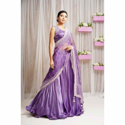 Farha Syed French Violet Hand Embellished Lehenga (Set of 3)