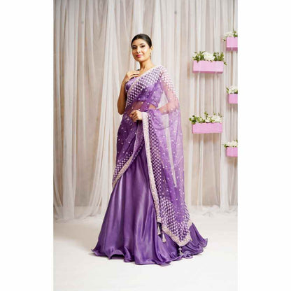 Farha Syed French Violet Hand Embellished Lehenga (Set of 3)