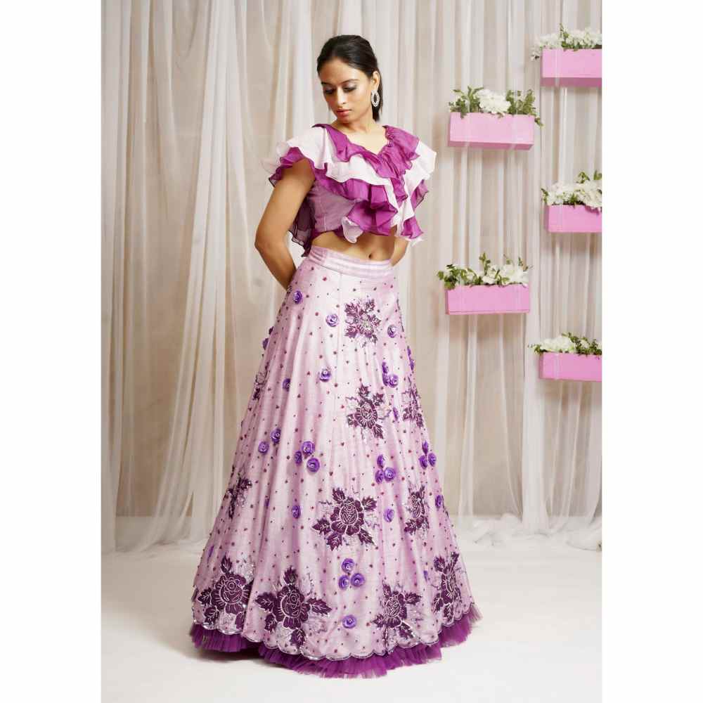 FS Closet by Farha Syed Periwinkle Hand Embroidered Top with Lehenga Skirt (Set of 2)