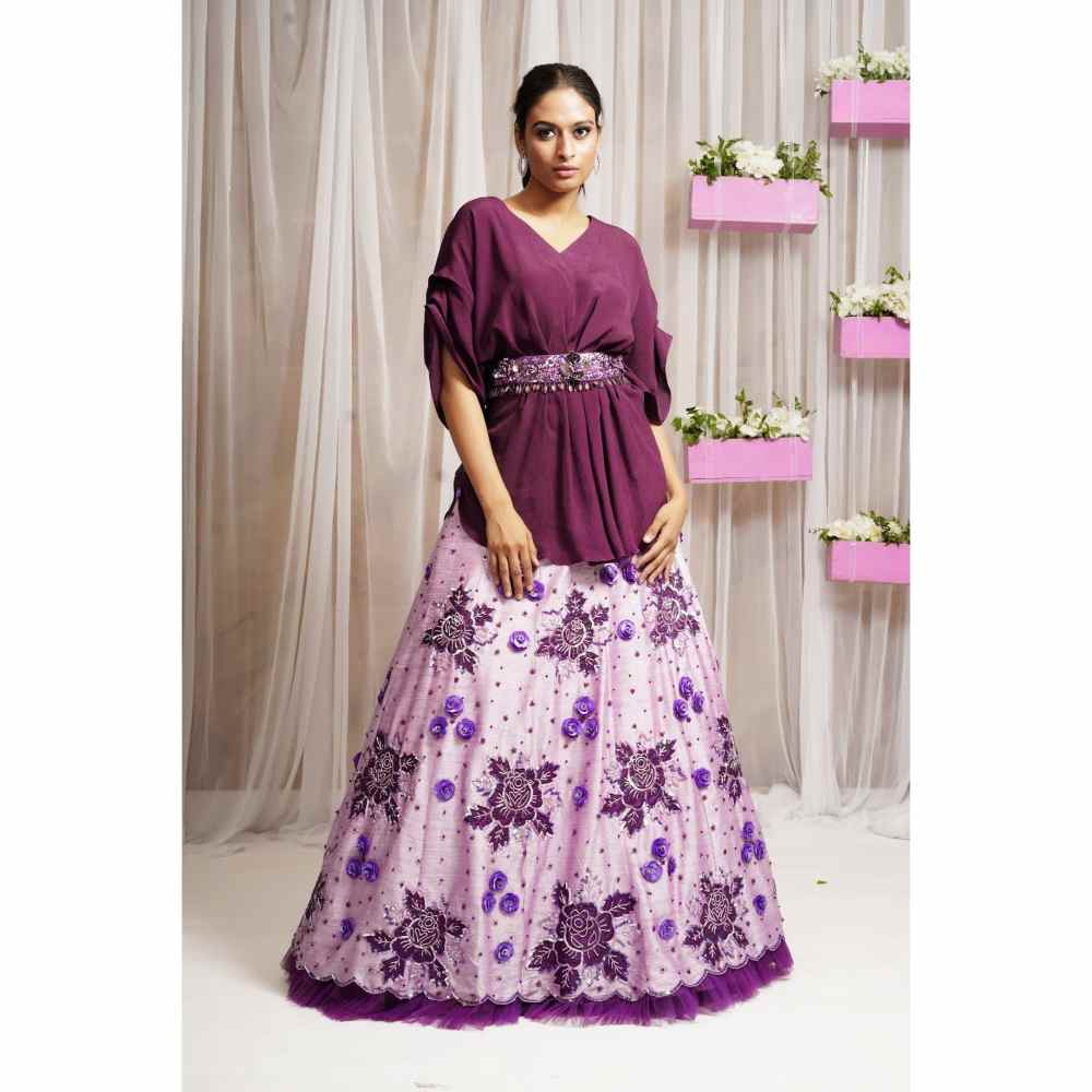 Farha Syed Periwinkle Hand Embroidered Skirt Lehenga with Kaftan Top (Set of 3)