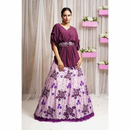 Farha Syed Periwinkle Hand Embroidered Skirt Lehenga with Kaftan Top (Set of 3)