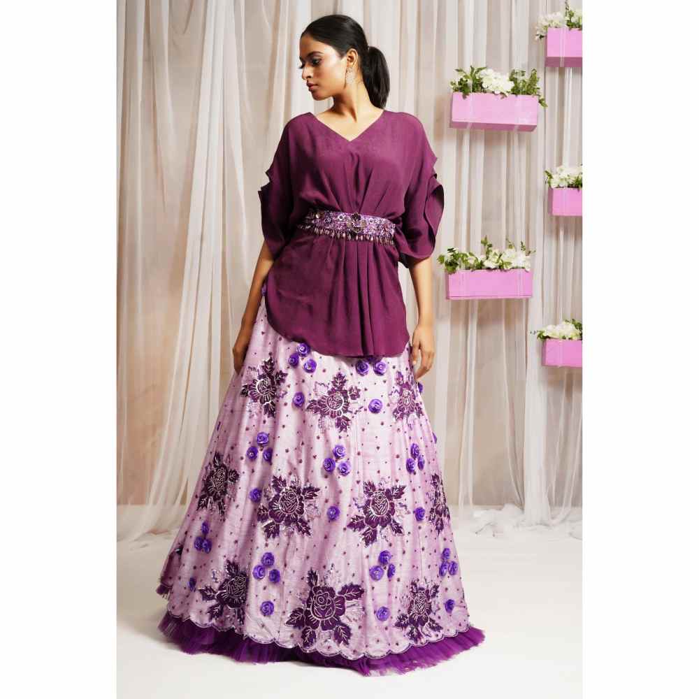 Farha Syed Periwinkle Hand Embroidered Skirt Lehenga with Kaftan Top (Set of 3)