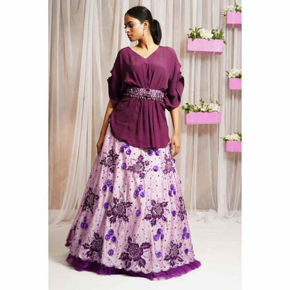 Farha Syed Periwinkle Hand Embroidered Skirt Lehenga with Kaftan Top (Set of 3)