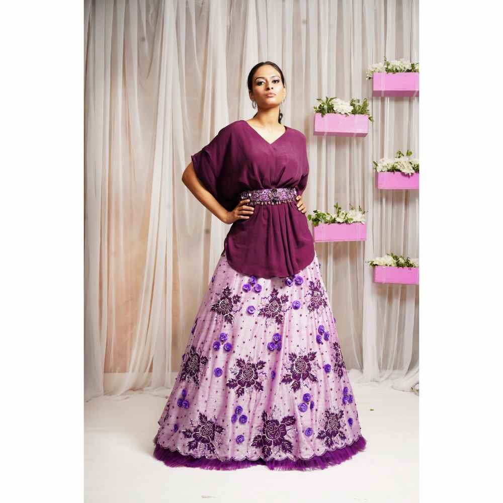 Farha Syed Periwinkle Hand Embroidered Skirt Lehenga with Kaftan Top (Set of 3)