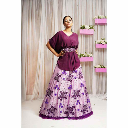 Farha Syed Periwinkle Hand Embroidered Skirt Lehenga with Kaftan Top (Set of 3)