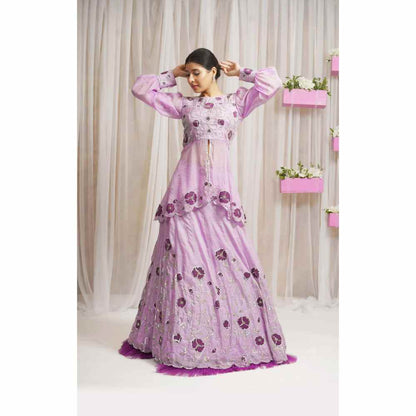 Farha Syed Periwinkle Hand Embroidered Peplum Kurti with Lehenga Skirt (Set of 2)