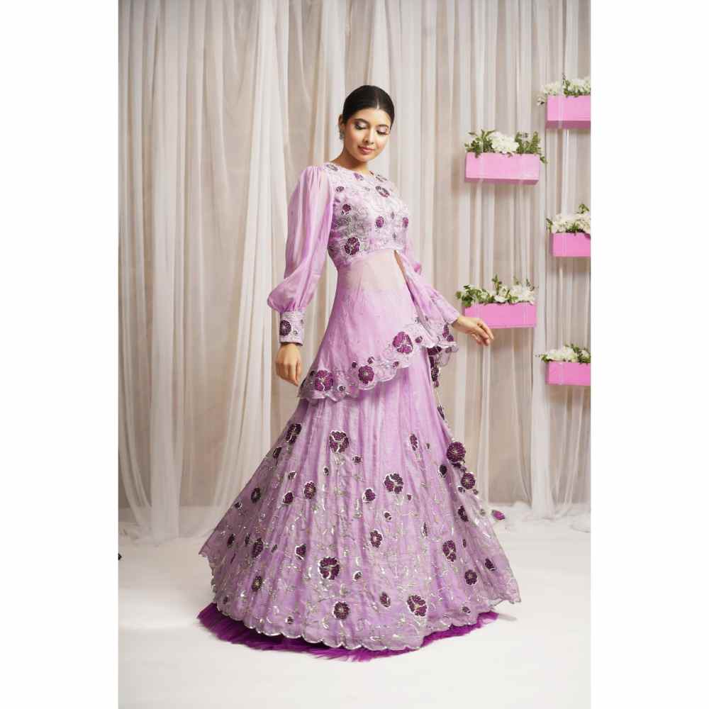 Farha Syed Periwinkle Hand Embroidered Peplum Kurti with Lehenga Skirt (Set of 2)