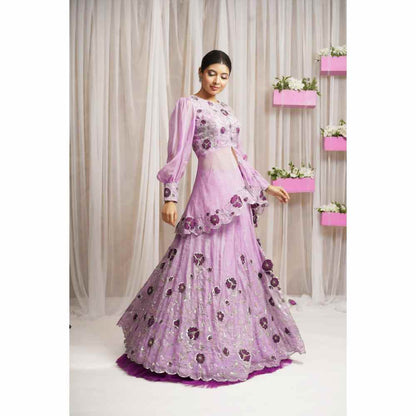 Farha Syed Periwinkle Hand Embroidered Peplum Kurti with Lehenga Skirt (Set of 2)