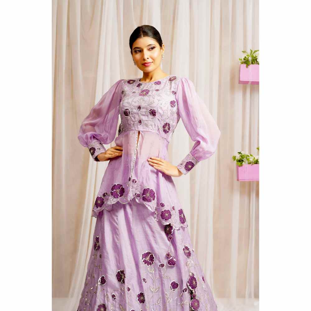 Farha Syed Periwinkle Hand Embroidered Peplum Kurti with Lehenga Skirt (Set of 2)