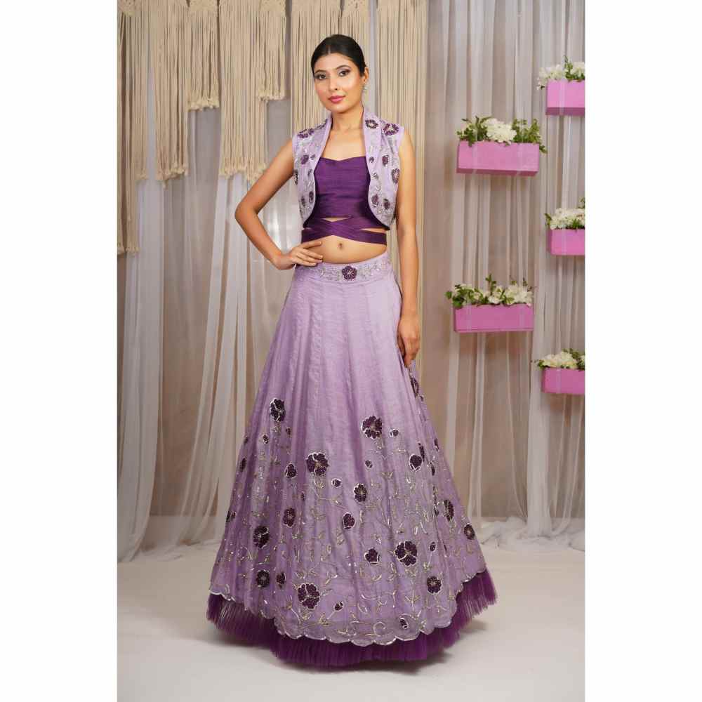 FS Closet by Farha Syed Periwinkle Hand Embroidered Lehenga with Blouse & Jacket (Set of 3)