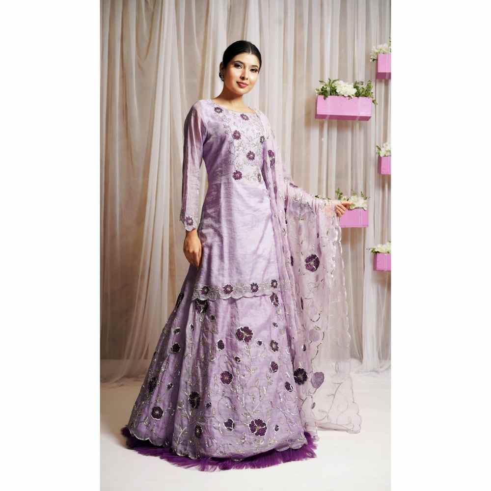 Farha Syed Periwinkle Hand Embroidered Kurta, Lehenga Skirt & Dupatta (Set of 3)