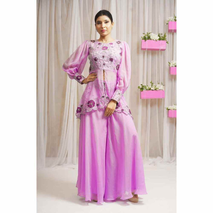 FS Closet by Farha Syed Periwinkle Hand Embroidered Peplum Top with Palazzo (Set of 2)