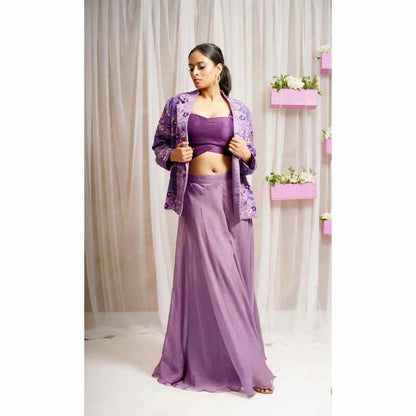 Farha Syed Royal Purple Hand Embroidered Palazzo with Blazer (Set of 3)