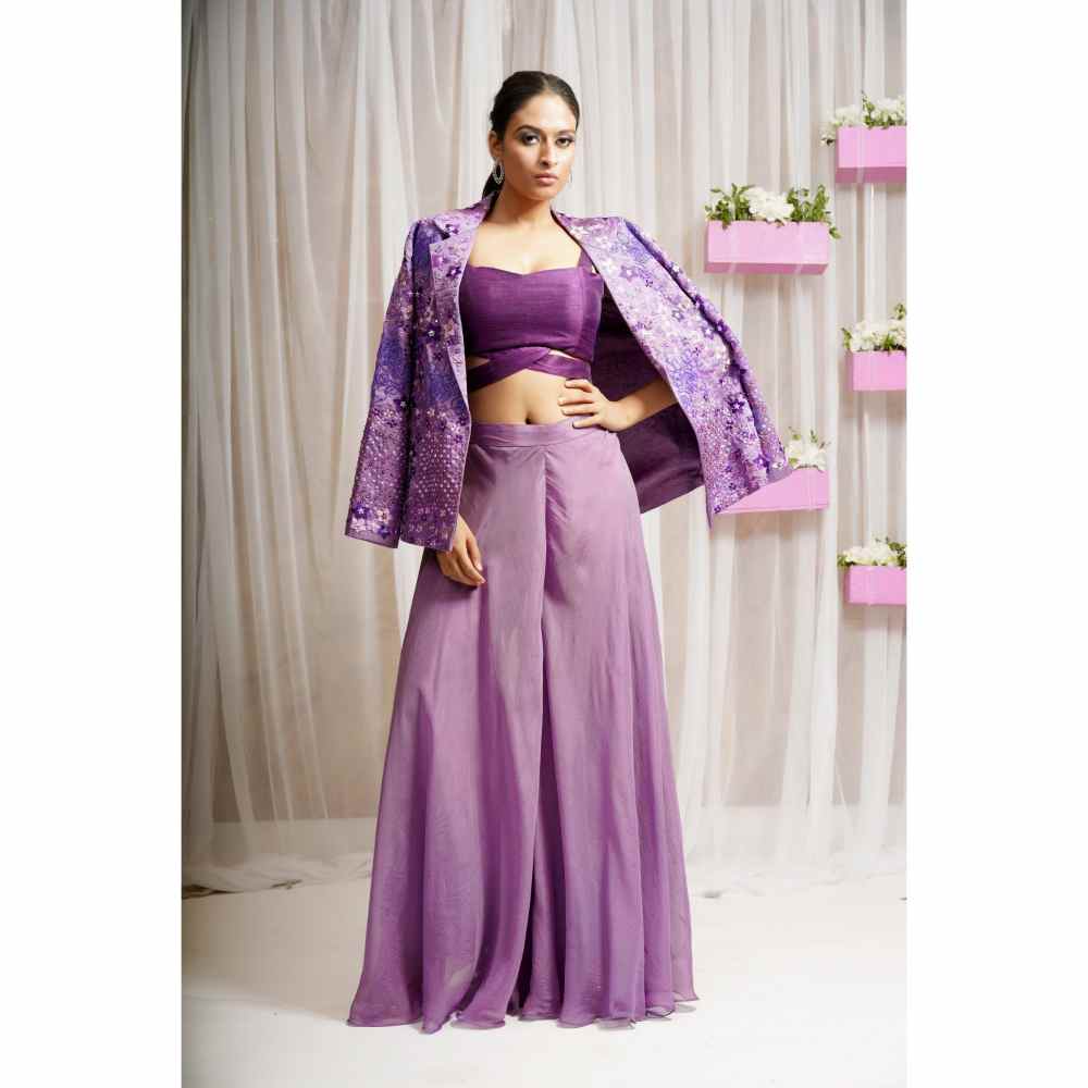 Farha Syed Royal Purple Hand Embroidered Palazzo with Blazer (Set of 3)