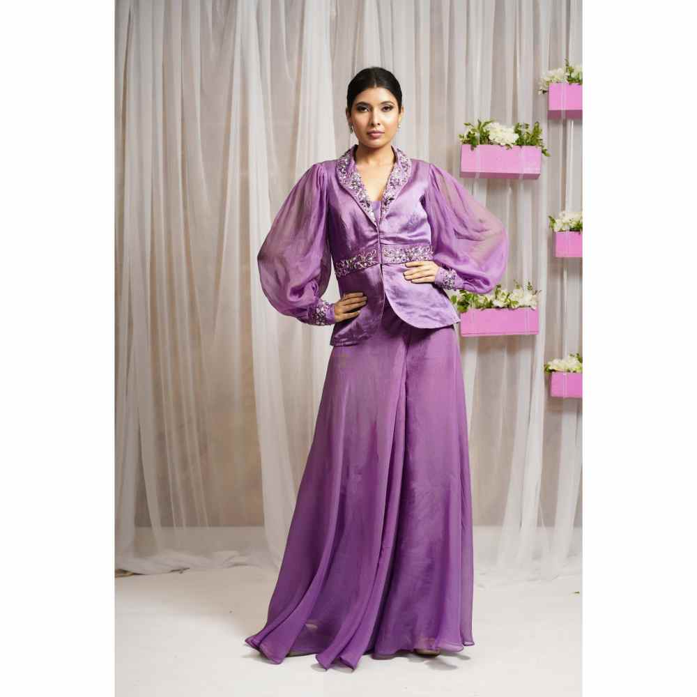 Farha Syed Royal Purple Hand Embellished Top with Palazzo (Set of 2)