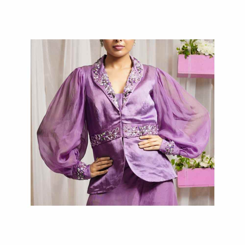 Farha Syed Royal Purple Hand Embellished Top with Palazzo (Set of 2)