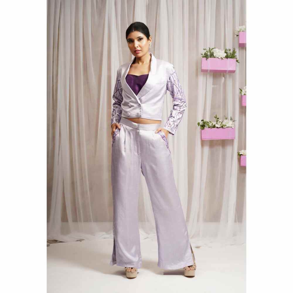Farha Syed Lavender Hand Embellished Palazzo with Blazer (Set of 3)