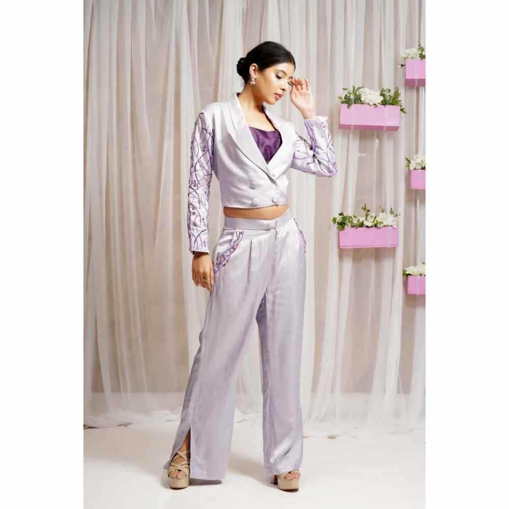 Farha Syed Lavender Hand Embellished Palazzo with Blazer (Set of 3)