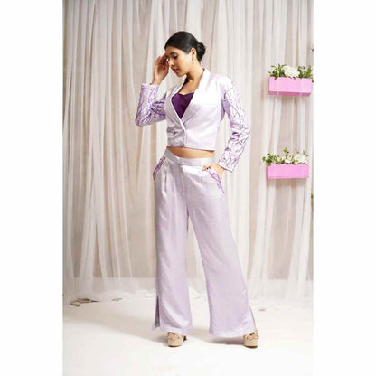 Farha Syed Lavender Hand Embellished Palazzo with Blazer (Set of 3)