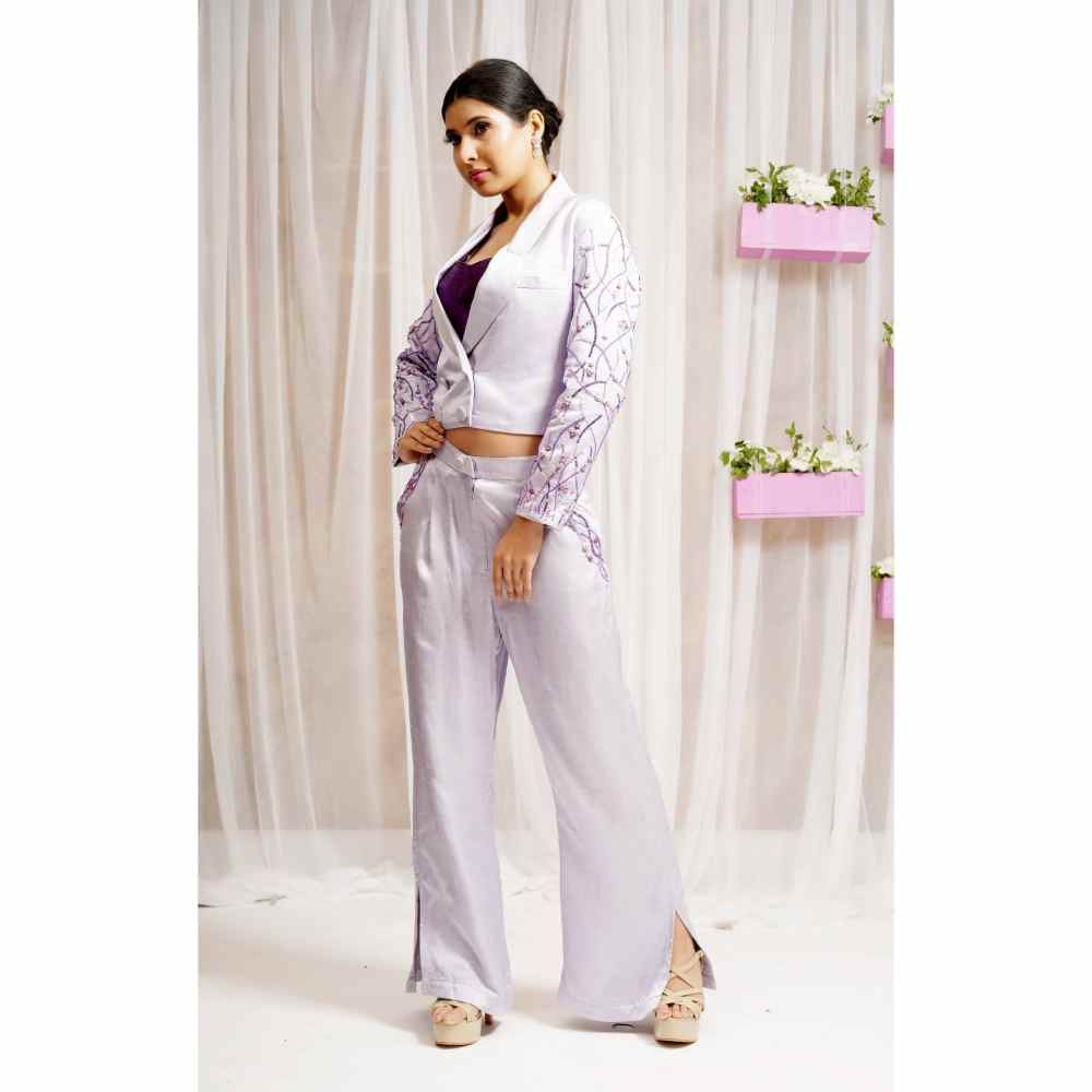Farha Syed Lavender Hand Embellished Palazzo with Blazer (Set of 3)