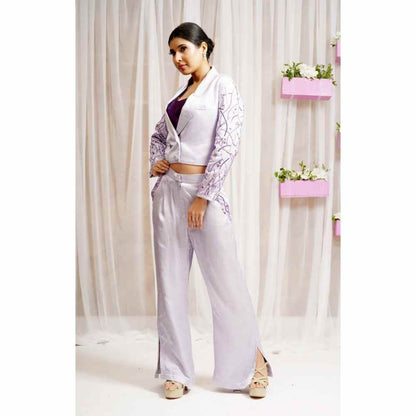 Farha Syed Lavender Hand Embellished Palazzo with Blazer (Set of 3)