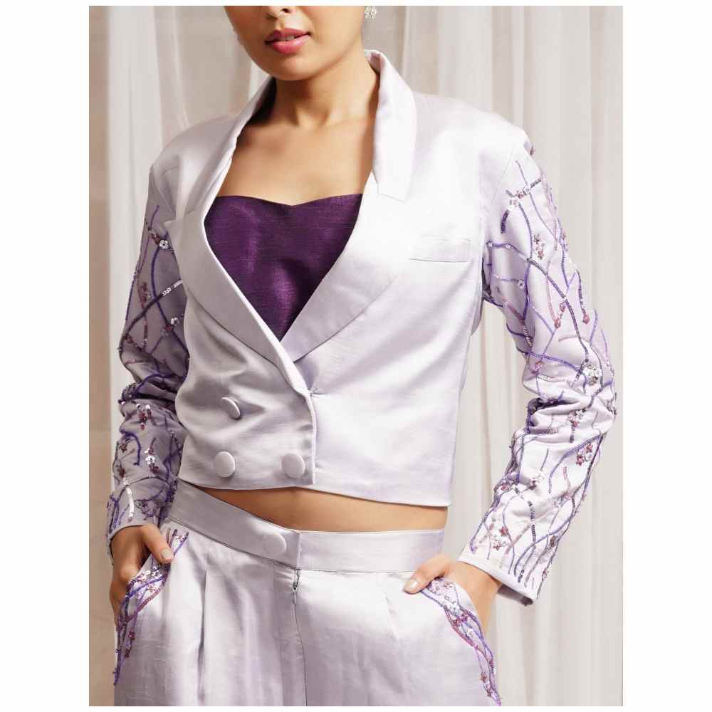 FS Closet by Farha Syed Lavender Hand Embellished Palazzo with Blazer (Set of 3)