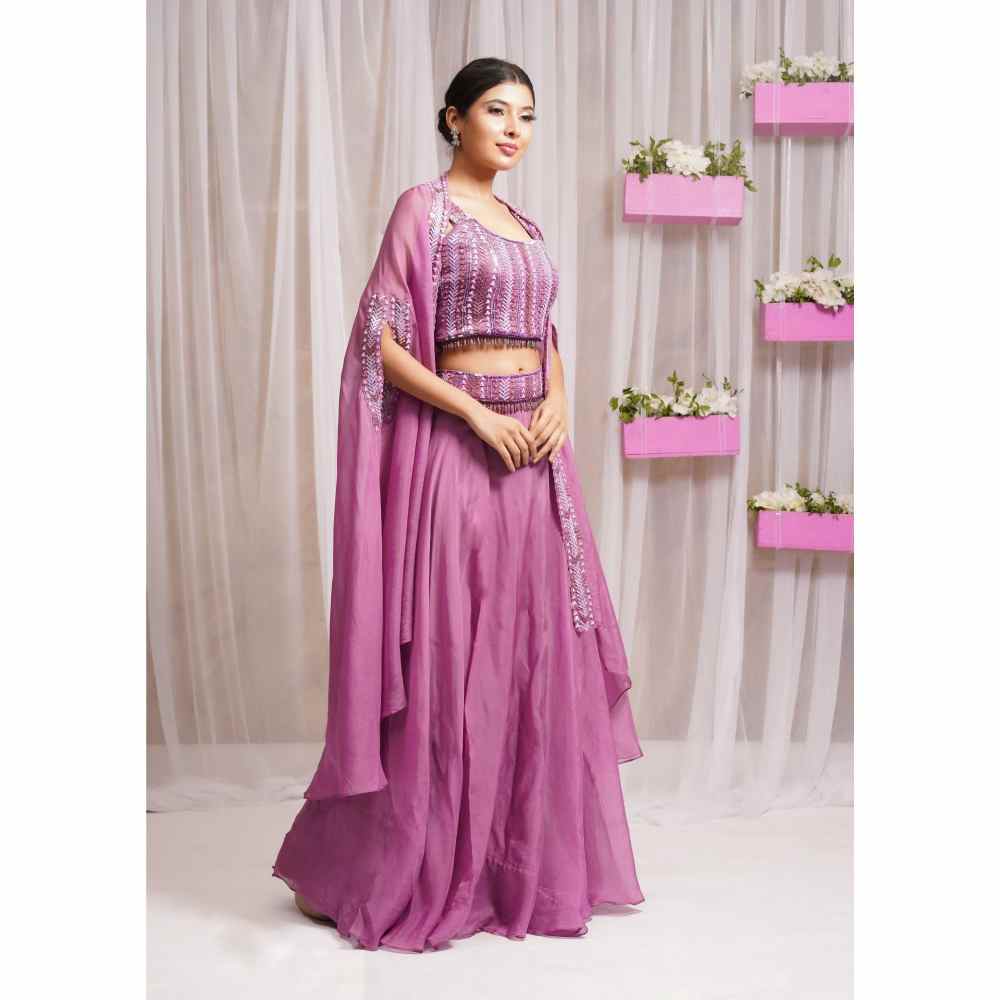 Farha Syed Mulberry Hand Embellished Lehenga (Set of 4)
