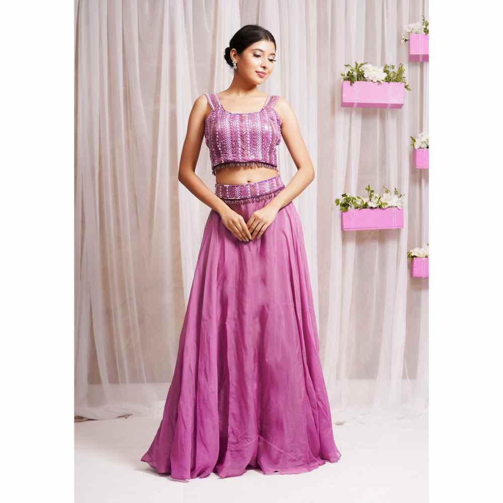 Farha Syed Mulberry Hand Embellished Lehenga (Set of 4)