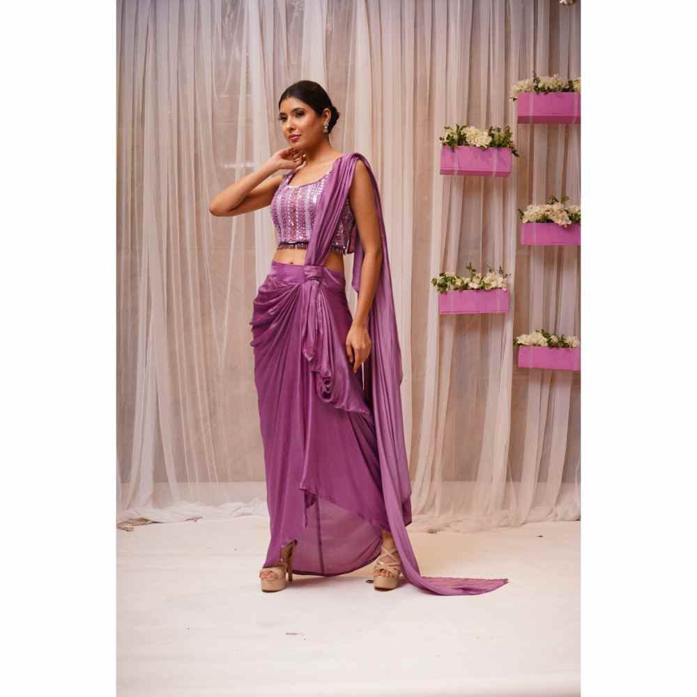 Farha Syed Mulberry Hand Embroidered & Pre Drape Saree with Stitched Blouse