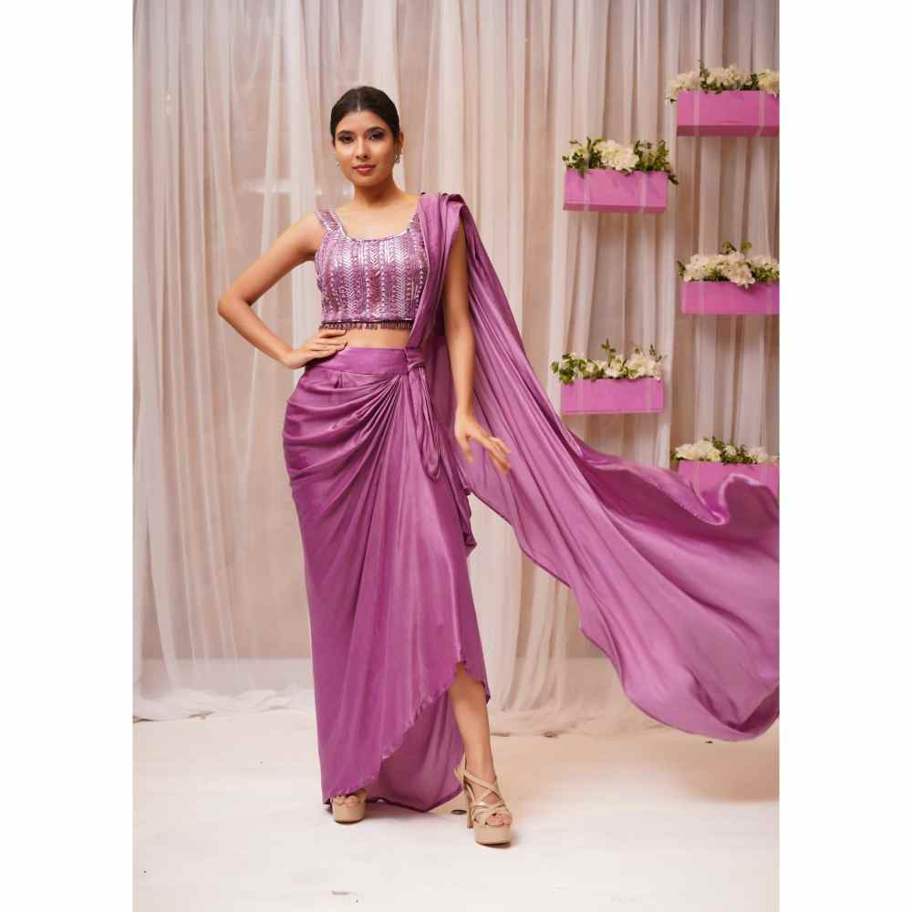 Farha Syed Mulberry Hand Embroidered & Pre Drape Saree with Stitched Blouse