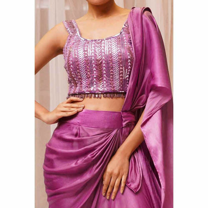 Farha Syed Mulberry Hand Embroidered & Pre Drape Saree with Stitched Blouse
