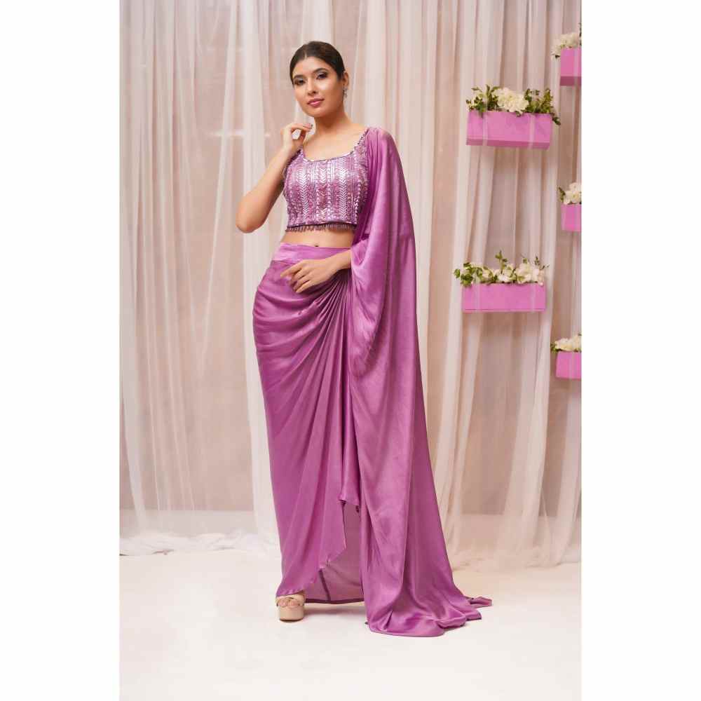 Farha Syed Mulberry Hand Embroidered & Pre Drape Saree with Stitched Blouse