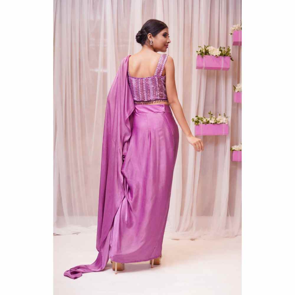 Farha Syed Mulberry Hand Embroidered & Pre Drape Saree with Stitched Blouse
