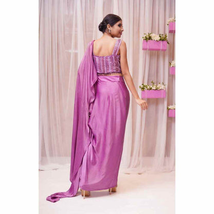 Farha Syed Mulberry Hand Embroidered & Pre Drape Saree with Stitched Blouse