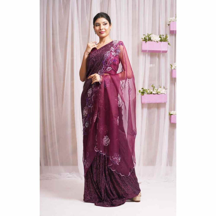 Farha Syed Red Plum Hand Embellished & Saree with Stitched Blouse
