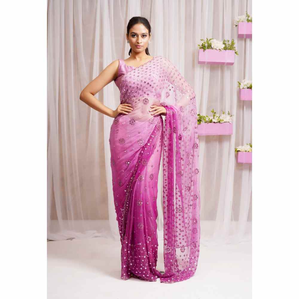 Farha Syed Pink Candy 2 Piece Mirror Work & Saree with Stitched Blouse