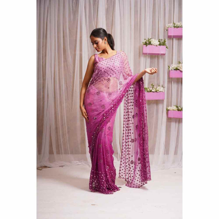 FS Closet by Farha Syed Pink Candy 2 Piece Mirror Work & Saree with Stitched Blouse