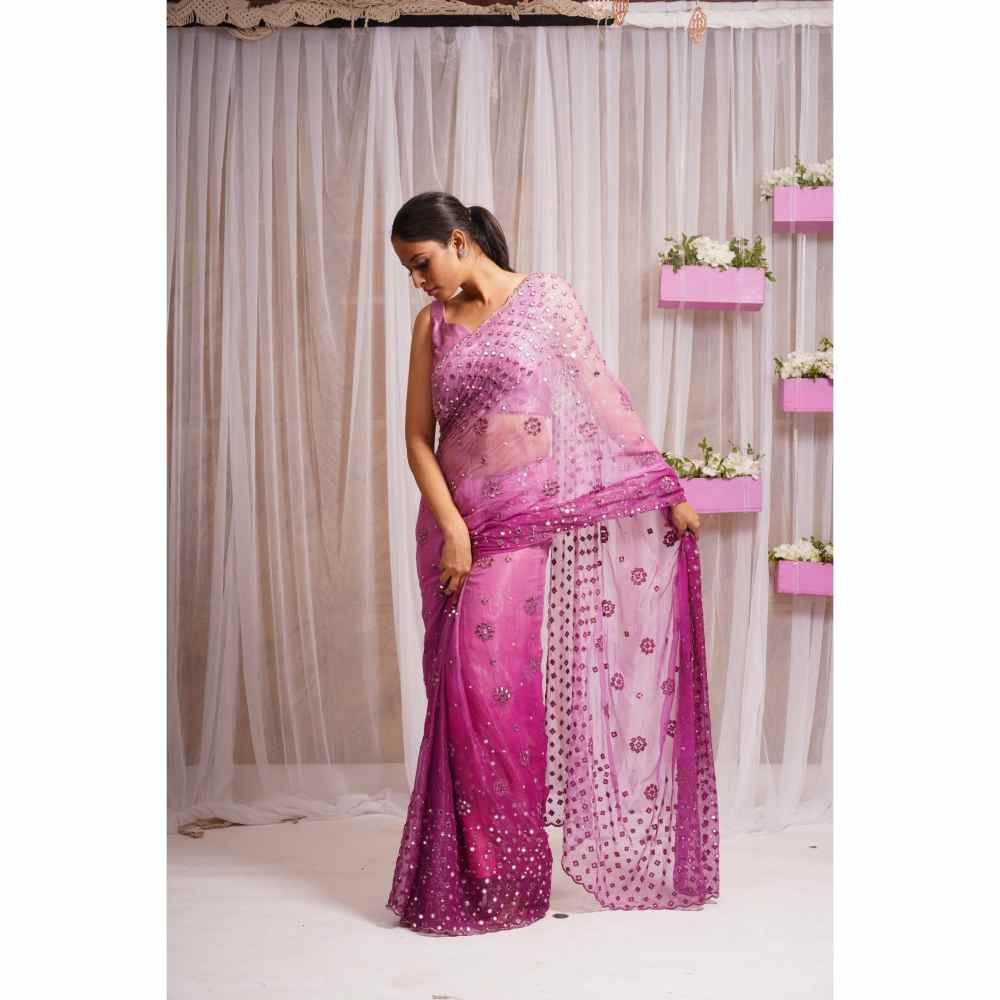 Farha Syed Pink Candy 2 Piece Mirror Work & Saree with Stitched Blouse