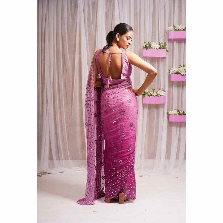 Farha Syed Pink Candy 2 Piece Mirror Work & Saree with Stitched Blouse